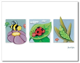 Bugs Leaves and Flowers / Art Print for Nursery Kids Room
