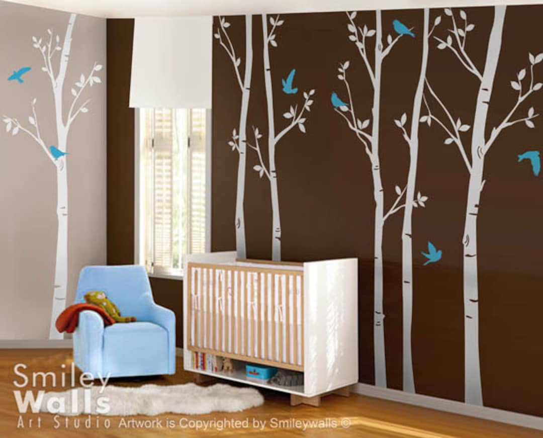 Forest Trees With Birds Wall Decal, Thin Birch Trees 100 Inches - Set ...