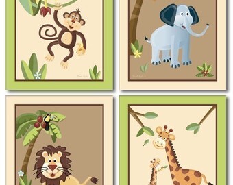 Set of 4 Art Prints  8x10  Safari Jungle Animals