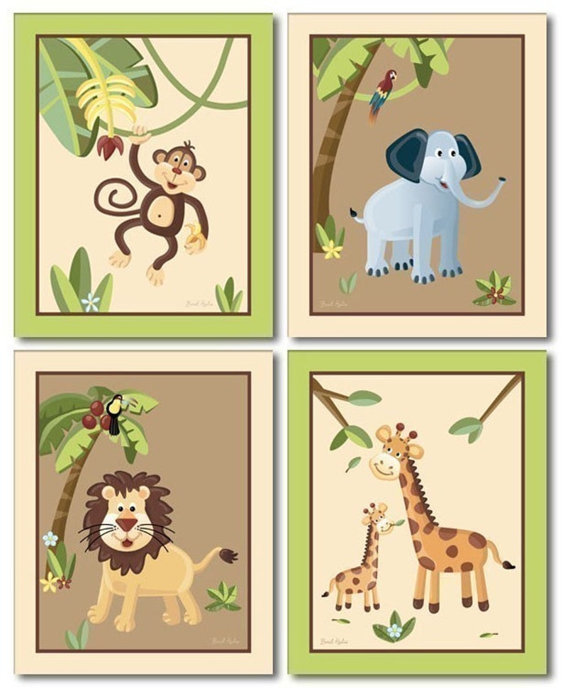 Set of 4 Art Prints 8x10 Safari Jungle Animals image 1