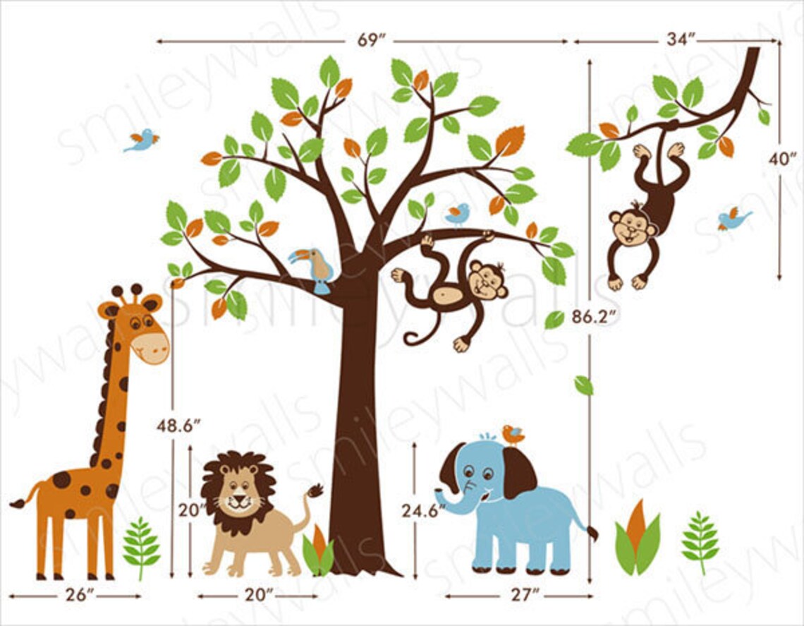 Safari Animals Wall Decal Jungle Wall Decal Monkey Giraffe Elephant ...