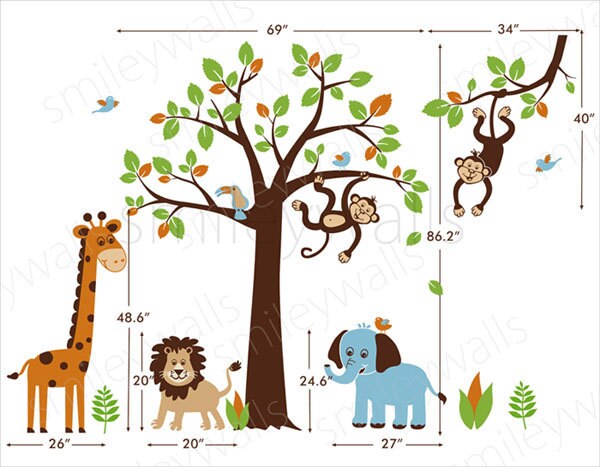 Safari Animals Wall Decal Jungle Wall Decal Monkey Giraffe Elephant ...