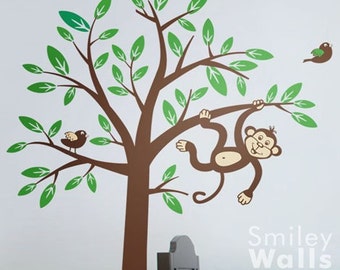 2 Monkeys swinging from Tree and Branch with Birds - Nursery Vinyl Wall Decal