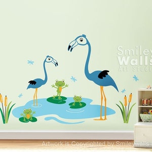 Nursery Vinyl Wall Decal Happy Flamingos and Froggies Dragonflies Bambini Bambini Adesivo adesivo per decalcomanie da parete Decorazione da parete Adesivo da parete Nursery immagine 2