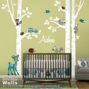 Birch Trees and Animals Wall Decal, Woodland Animals Trees Wall Decal, Birch Trees Sticker for Nursery Kids Room Decor, Owls and Squirrels image 3