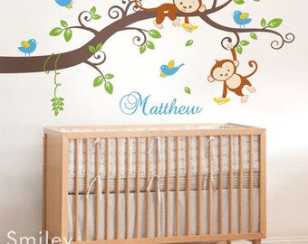 Monkey Branch Wall Decal Personalized Custom Name Wall Decal Monkey Tree Wall Decal Kids Baby Nursery Decor