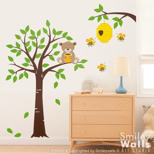 Honey Bear and Bees Wall Decal Tree Wall Decal Nursery Kids Wall Decal Bear Wall Decal Bees Wall Decal Bee Hive Bees Wall Decor image 1