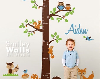 Personalized Growth Chart Wall Decal Woodland Animals Forest Animals Kids Nursery Vinyl Wall Decal Baby Room Decor Fox Owls Racoon Squirrels