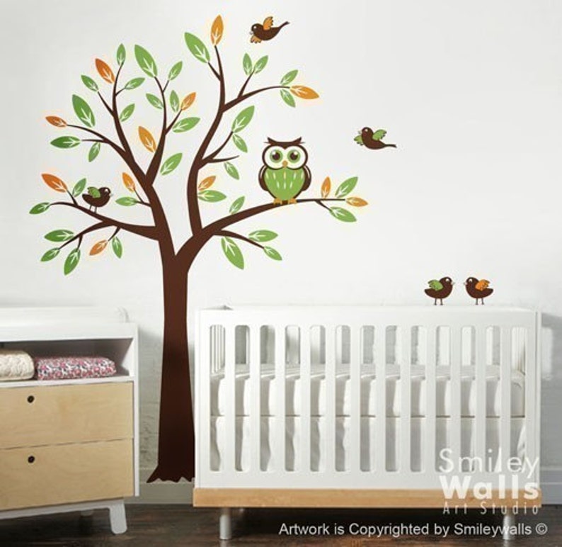 Owl Tree Wall Decal, Tree with Owls Birds Wall Decal, Children Wall decal Nursery Vinyl Wall Decal Baby Room art decor wall decal image 1