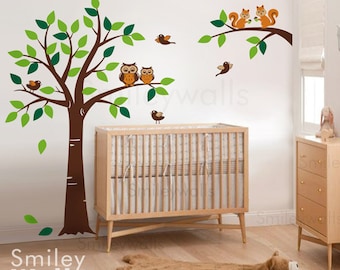 Forest Tree Wall Decal Branch with Squirrels Owls and Birds Wall Decal Owls Wall Decal - Kids Children Nursery Vinyl Wall Art  Decal Set