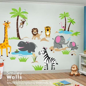 Safari Animals Wall Decal Jungle Animals Wall Decal Monkey Giraffe Elephant Lion Zebra Hippo Nursery Kids Playroom Room Sticker Art image 2