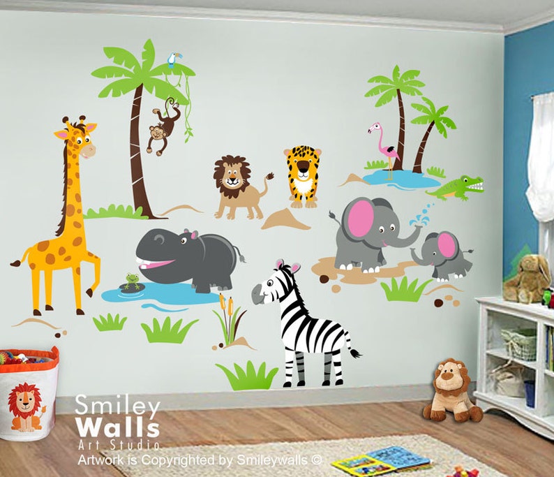 Safari Animals Wall Decal Jungle Animals Wall Decal Monkey Giraffe Elephant Lion Zebra Hippo Nursery Kids Playroom Room Sticker Art image 2