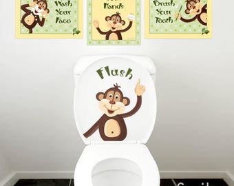 Monkeys Wall Decal for Kids Bathroom Decor, Kids Bathroom Wall Art, Monkeys Wall Art, Bathroom Prints Stickers, Door Sign for Kids Bthroom