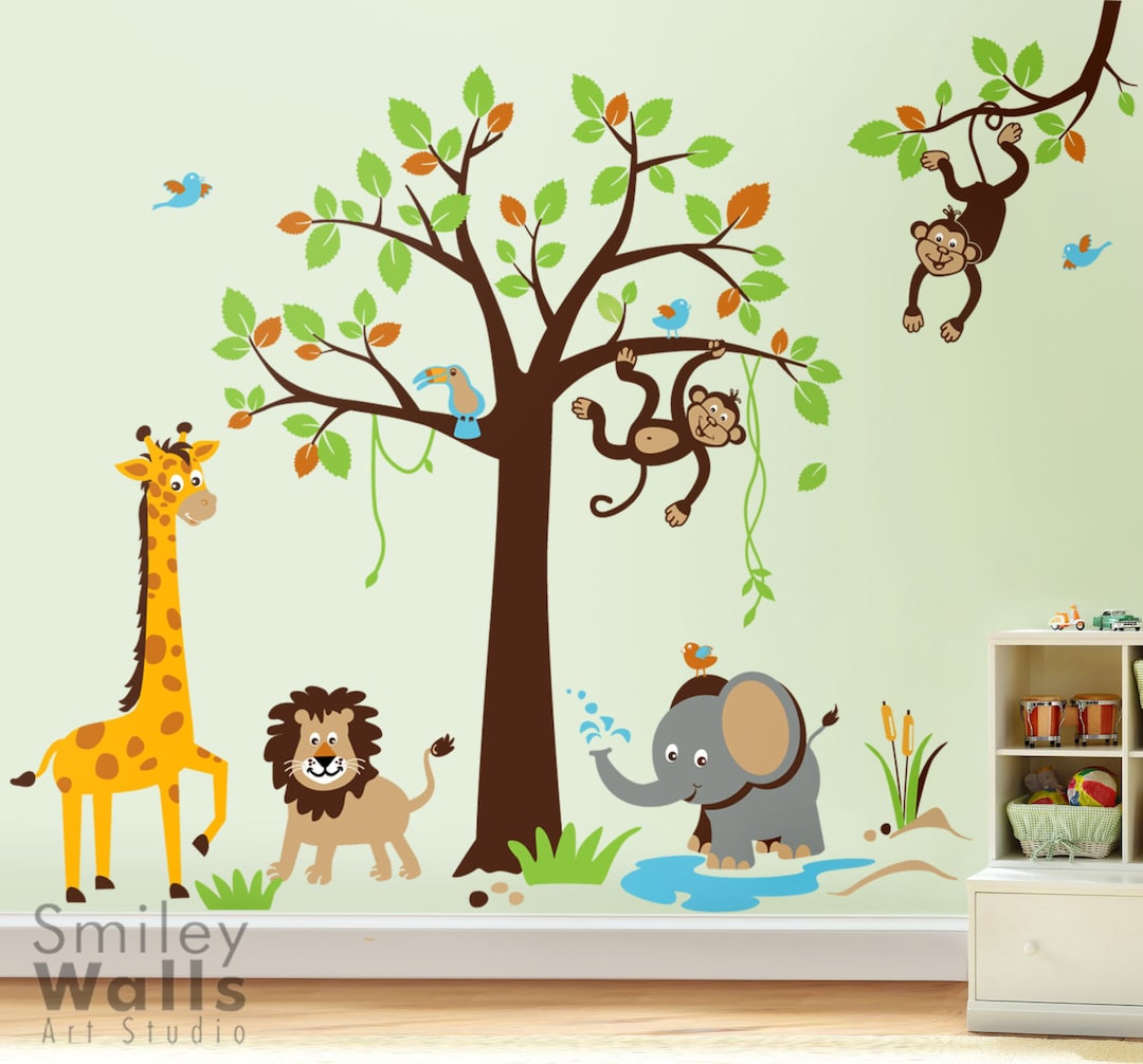 Safari Jungle Animals Monkey Giraffe Elephant Lion Wall Decal Tree Set ...