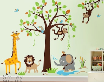 Safari Jungle Animals Monkey Giraffe Elephant Lion Wall Decal Tree Set Nursery Kids Playroom Room Decor Vinyl Wall Decal Sticker Art