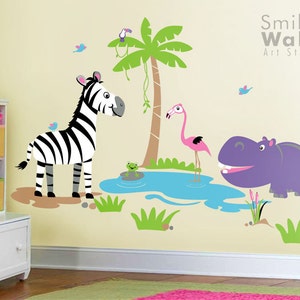 May include: A wall decal set featuring a zebra, a flamingo, a hippopotamus, a frog, a palm tree, and birds. The decal set is designed for a nursery or child's room.
