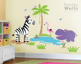 Safari Jungle Animals Wall Decal Set Hippo Flamingo Zebra Frog Nursery Kids Playroom Room Sticker, Safari Animals Wall Decal, Jungle Decal