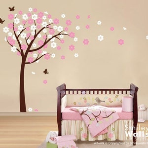 Cherry Blossom Tree Wall Decal, Blooming Cherry Tree with Butterflies, Flowers Tree, Kids Baby Nursery Room Decor, Tree Wall Decal Sticker image 2