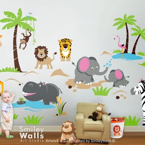 Safari Animals Wall Decal Jungle Animals Wall Decal Monkey Giraffe Elephant Lion Zebra Hippo Nursery Kids Playroom Room Sticker Art image 1