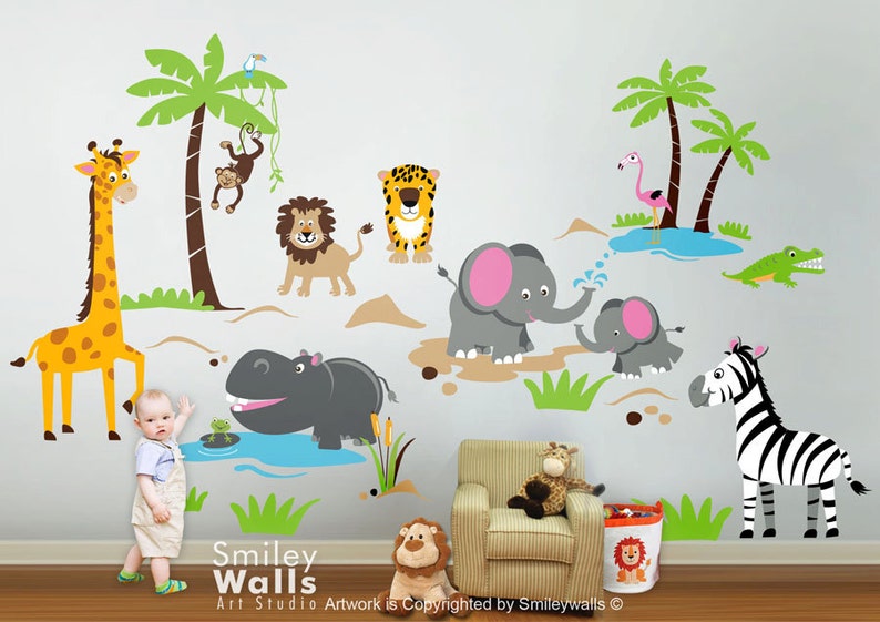 Safari Animals Wall Decal Jungle Animals Wall Decal Monkey Giraffe Elephant Lion Zebra Hippo Nursery Kids Playroom Room Sticker Art image 1