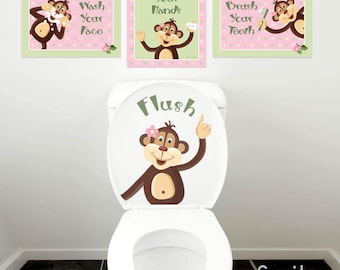 Kids Bathroom Wall Art, Monkeys Wall Decal for Kids Bathroom Decor, Girls Bathroom Prints Stickers, Monkeys Wall Art, Door Sign for Bathroom