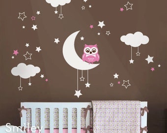 Owl Wall Decal, Owl Clouds Moon and Stars Wall Decal, Owl Wall Decal for Nursery Baby Room, Owl Clouds Stars and Moon Wall Sticker