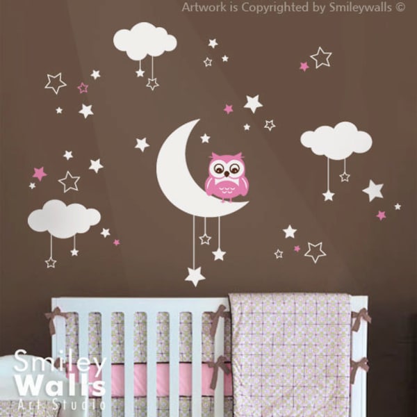 Owl Wall Decal, Owl Clouds Moon and Stars Wall Decal, Owl Wall Decal for Nursery Baby Room, Owl Clouds Stars and Moon Wall Sticker