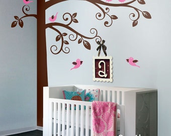 Huge Swirly Tree Wall Decal, Tree and Birds Wall Decal, Corner Tree Wall Decal, Kids Wall Decals, Wall Sticker, Nursery Tree Wall Decal