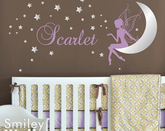 Fairy Wall Decal, Fairy Muur Sticker voor Kinderkamer, Fairy Stars en Moon Wall Decal, Fairy gepersonaliseerde naam Wall Decor Baby Girls Room