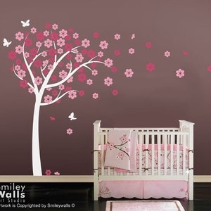 Cherry Blossom Tree Wall Decal, Blooming Cherry Tree with Butterflies, Flowers Tree, Kids Baby Nursery Room Decor, Tree Wall Decal Sticker