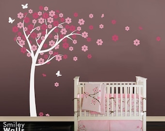 Cherry Blossom Tree Muur Sticker, Bloeiende Kersenboom met Vlinders, Bloemen Boom, Kids Baby Nursery Room Decor, Boom Muur Sticker