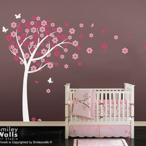 Calcomanía de pared de cerezo en flor, cerezo en flor con mariposas, árbol de flores, decoración de la habitación del vivero de bebés para niños, pegatina de calcomanía de pared de árbol