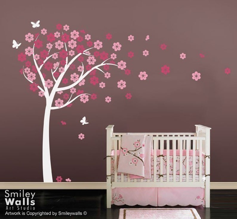 Cherry Blossom Tree Wall Decal, Blooming Cherry Tree with Butterflies, Flowers Tree, Kids Baby Nursery Room Decor, Tree Wall Decal Sticker image 1