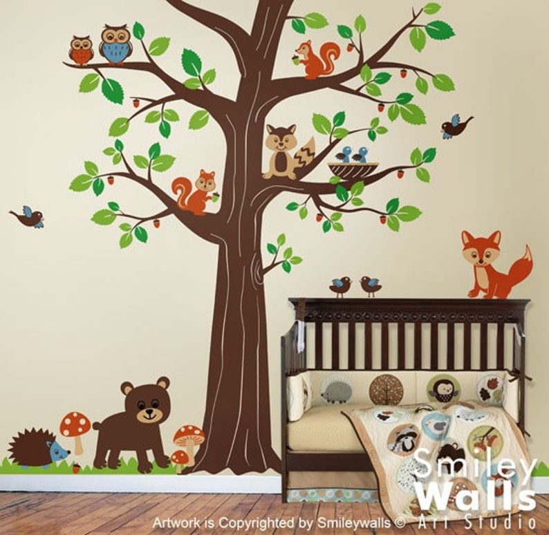 Woodland Animals Wall Decal, Forest Animals Huge Tree Wall Decal, Nursery Kids Baby Room Vinyl Wall Decal Art, Fox Wall Decal, Bear Owls image 2