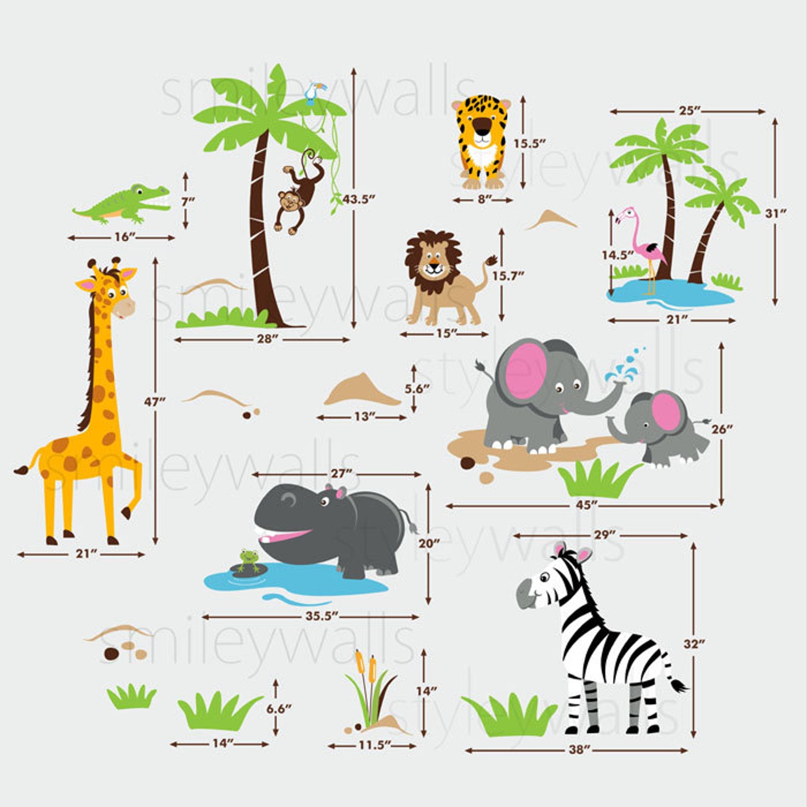 Safari Animals Wall Decal Jungle Animals Wall Decal Monkey Giraffe ...