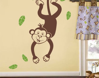 Monkey Wall Decal Vinyl Wall Decal for Kids, Jungle Monkey Swinging from a Branch, Jungle Wall Decal, Safari Wall Decal, Branch and Monkey