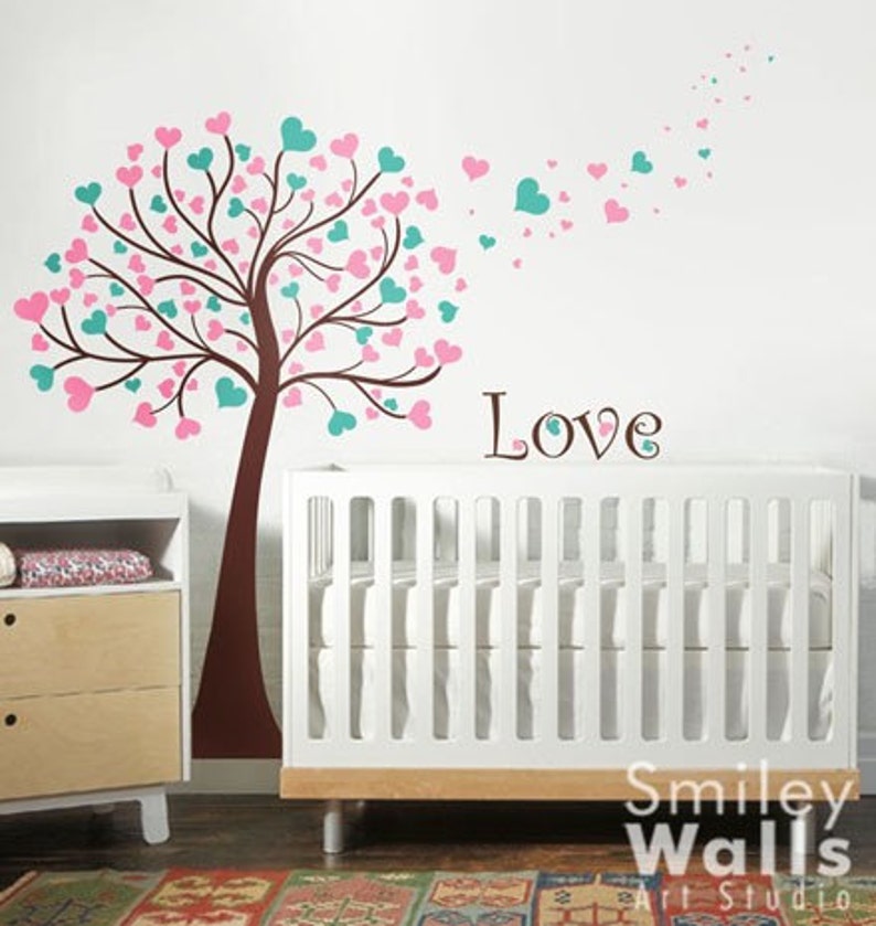 Hearts Wall Decal, Hearts Tree Wall Decal, Love Tree Nursery Wall Decal, Tree with Hearts Wall Decal, Baby Room Tree Decor, Tree Sticker image 2