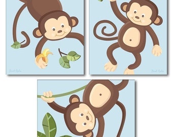 Monkeys Wall Art Monkeys Print Set of 3 Blue Jungle Monkey Monkeys Nursery Wall Art Prints