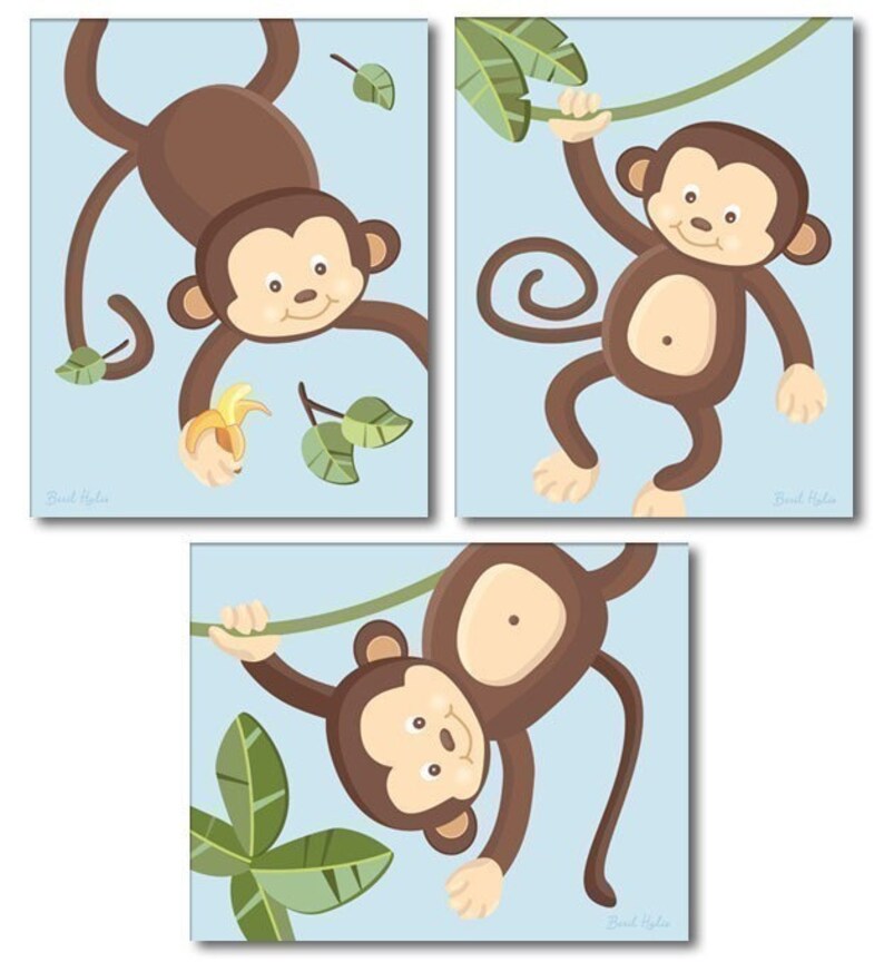 Monkeys Wall Art Monkeys Print Set of 3 Blue Jungle Monkey Etsy