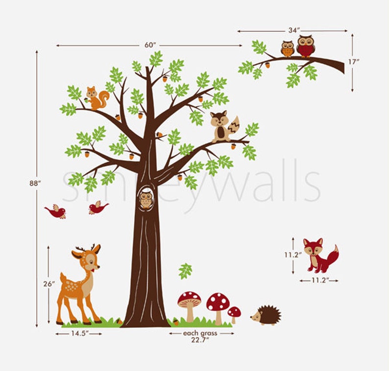 Nursery Wall Decal, Woodland Forest Animals Wall Decal, Tree Wall Decal,Bambi Deer Owls Squirrels Raccoon Baby Kids Room Art Decor image 5