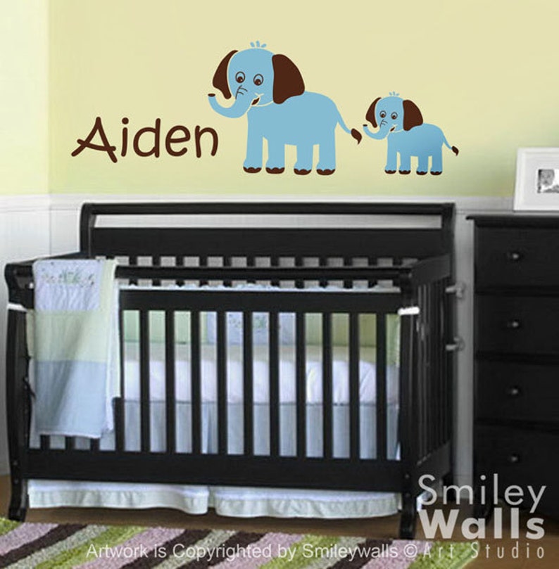 Elephants Wall Decal, Custom Name Decal, Mother and Baby Elephant, Personalized Vinyl Wall Decal Sign for Kids Nursery wall art room decor image 1