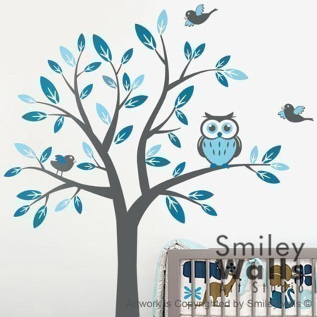 Kids Nursery Vinyl Wall Decal Art, Tree With Owl and Birds Wall Decal ...