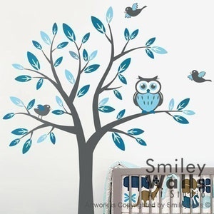 Kids Nursery Vinyl Wall Decal Art, Tree with Owl and Birds Wall Decal, Owls Tree Wall Decal - Children baby Owls Tree wall decal sticker