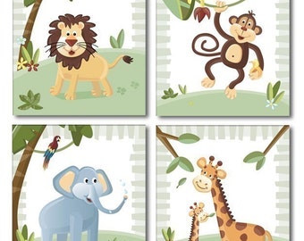 Jungle dieren kunst aan de muur, jungle dieren prints voor kraamkamer decor, jungle dieren set van 4 kunst prints voorkids kamer, aap print, leeuw