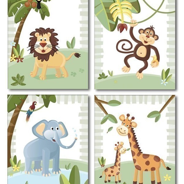 Jungle Animals Wall Art, Jungle Animals Prints for Nursery Room Decor,Jungle Animals Set of 4 Art Prints forKids Room, Monkey Print, Lion