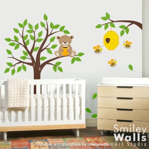 Honey Bear and Bees Wall Decal Tree Wall Decal Nursery Kids Wall Decal Bear Wall Decal Bees Wall Decal Bee Hive Bees Wall Decor image 2