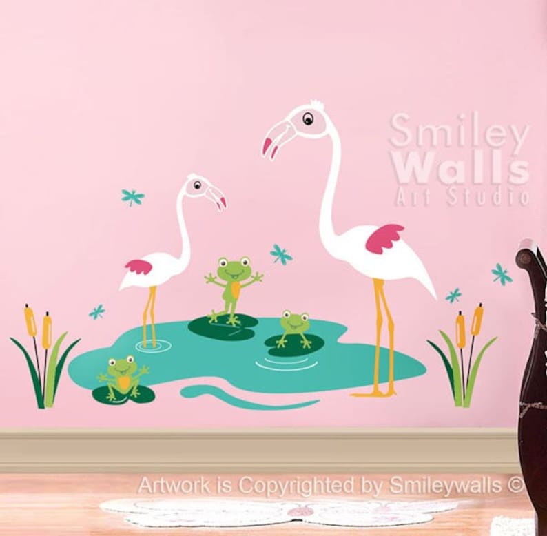 Nursery Vinyl Wall Decal Happy Flamingos and Froggies Dragonflies Kids Children Wall art decal sticker Room decor Wall sticker Nursery image 3