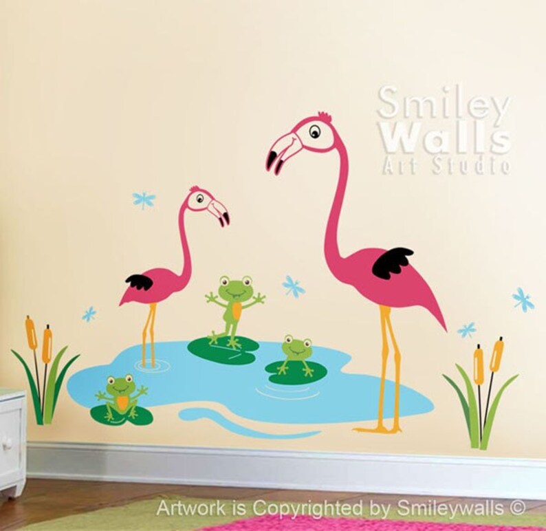 Nursery Vinyl Wall Decal Happy Flamingos and Froggies Dragonflies Bambini Bambini Adesivo adesivo per decalcomanie da parete Decorazione da parete Adesivo da parete Nursery immagine 1