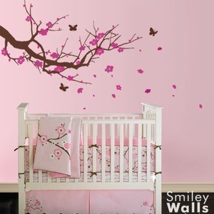 Cherry Blossom Branch Wall Decal, Cherry Blossom Tree with Butterflies Wall Decal Nursery Vinyl Wall Sticker Nursery Decor Flower Decal image 1
