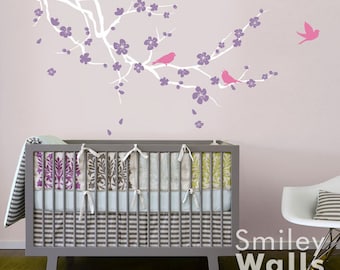 Cherry Blossom Branch en Vogels Muur Decal, Cherry Branch Wall Decal, Cherry Blossom Sticker, Baby Nursery Room Wall decal Kids Room Decor